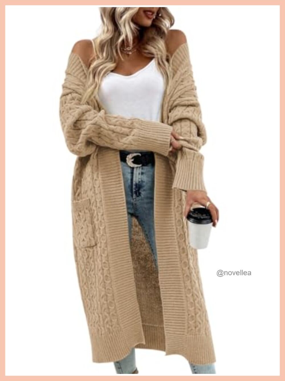 Womens Long Cable Knit Cardigan Open Front Pockets Oversized Sweater